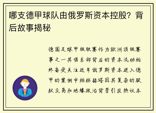 哪支德甲球队由俄罗斯资本控股？背后故事揭秘