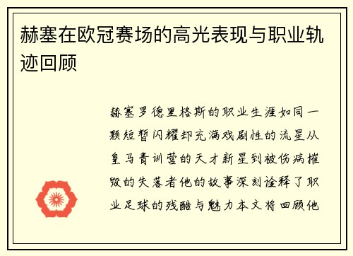 赫塞在欧冠赛场的高光表现与职业轨迹回顾